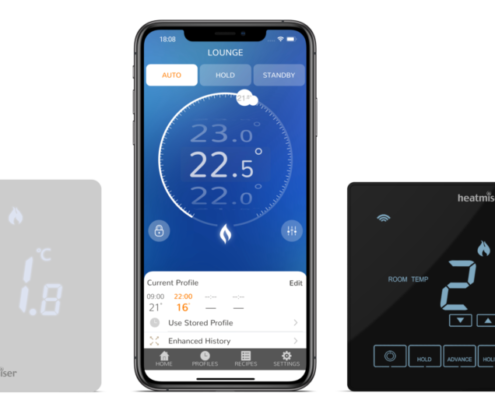 neostat pro and touch thermostats lined up with neopro app on a mobile.