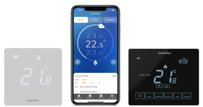 neostat pro and touch thermostats lined up with neopro app on a mobile.