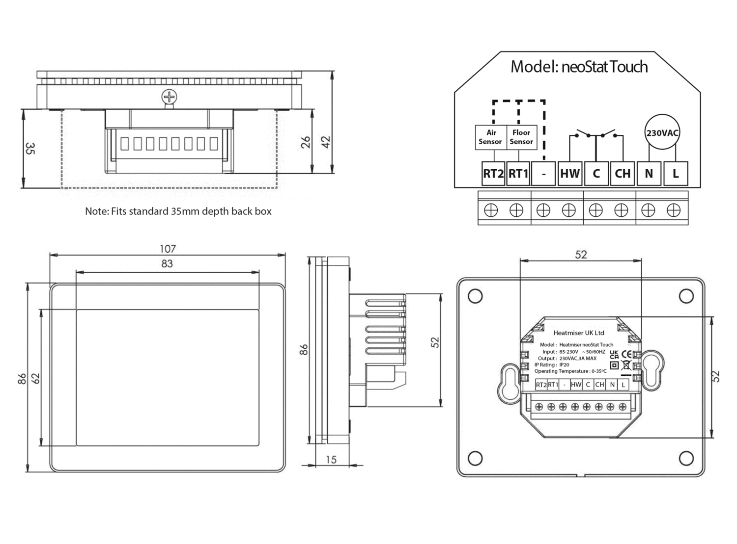 Black and white schematic of neoStat Touch showing dimms and wiring points.