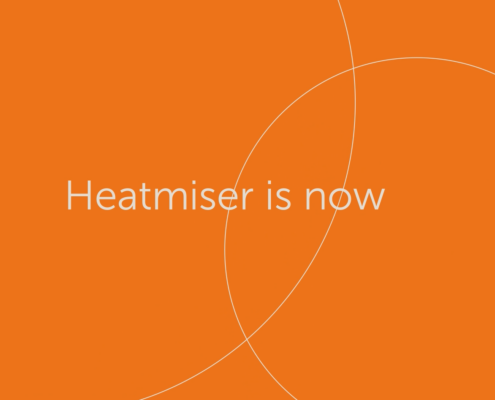 Orange back ground with cirecle graphics showing Heatmiser is now in white text...