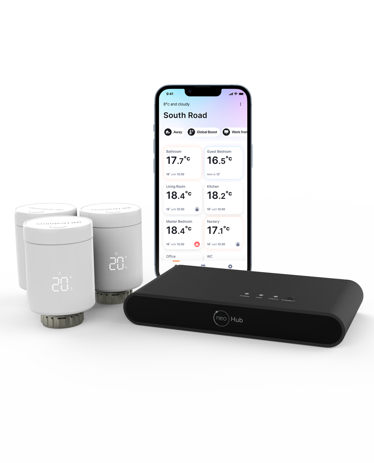 Group image of 3 neoFlo radiator heads, a neoHub and neoApp on an Apple Device