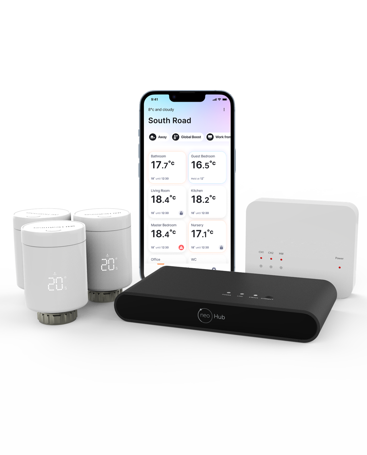 Group image of 3 neoFlo radiator heads, a neoHub, the RF Switch, and neoApp on an Apple Device